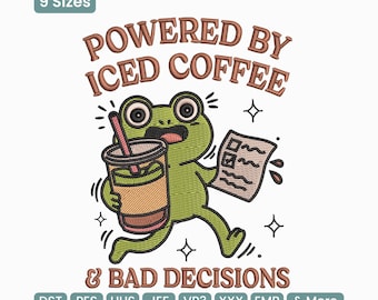Diseño de bordado de rana impulsado por café helado y malas decisiones, archivo de bordado a máquina divertido para amantes del café – DST EXP
