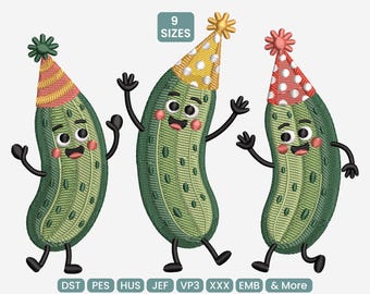 Party Pickles Embroidery Design, Dancing Pickle Pattern, Funny Food Machine Embroidery File PES VP3 HUS, 9 Sizes