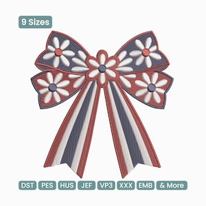 May include: Embroidered bow design in red, white, and blue, featuring daisy-like flowers. The bow has striped ribbons and is labeled with "9 Sizes". Below are file format options: DST, PES, HUS, JEF, VP3, XXX, EMB, and more.