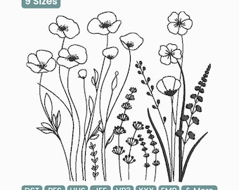 May include: Black and white line drawing of various wildflowers, including poppies and other floral elements. The image includes the text "9 Sizes" and various file format abbreviations such as "DST", "PES", and "EMB".