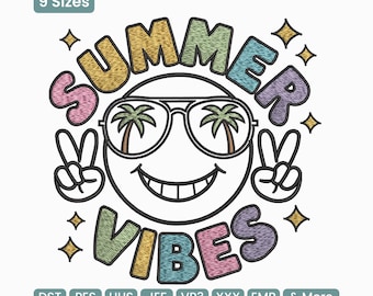 Summer Vibes Badge Embroidery Design, Sunshine Retro Patch Style Embroidery Pattern– DST PES JEF, 9 Sizes