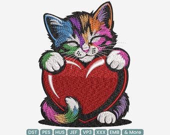 Chat tenant un motif de broderie coeur, fichier de broderie Machine coloré Saint-Valentin Love Kitty – DST, PES, JEF, 9 tailles