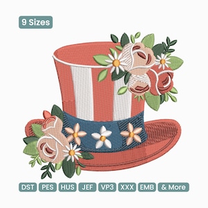 Puede incluir: Diseño bordado de un sombrero del Tío Sam, con rayas rojas y blancas, una banda azul con estrellas blancas y adornos florales. Las flores son de color rosa, blanco y naranja, con hojas verdes. El texto "9 Sizes" es visible.