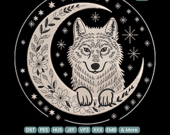 May include: Embroidered design featuring a wolf inside a crescent moon, surrounded by stars and floral accents. The design is in shades of beige and black. Text at the bottom indicates compatibility with various embroidery machine file formats. The image also indicates that there are 9 sizes available.