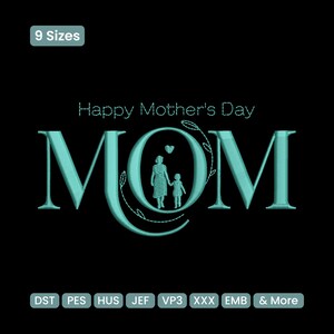 Könnte beinhalten: Ein türkisfarbenes Design auf schwarzem Hintergrund mit der Aufschrift "Happy Mother's Day" über dem Wort "MOM". Das "O" in "MOM" zeigt ein Bild einer Mutter und eines Kindes. Das Bild enthält auch den Text "9 Sizes" und verschiedene Dateiformat-Abkürzungen.