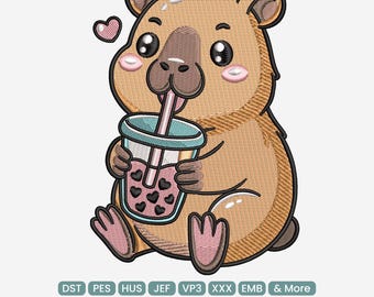 Capybara Boba Tea Embroidery Design, Kawaii Animal Drink Machine Embroidery Pattern – PES XXX VP3, 9 Sizes