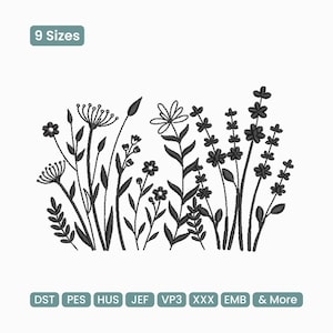 Può includere: Design di ricamo floreale in bianco e nero con varie silhouette di fiori e piante. L'immagine include il testo "9 Taglie" e abbreviazioni di tipi di file come DST, PES, HUS, JEF, VP3, XXX, EMB e "& More".