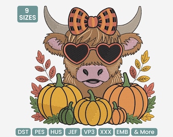 Motif de broderie vache citrouille - Motif de broderie machine animal pour Thanksgiving d'automne, DST, PES, JEF et plus, 9 tailles