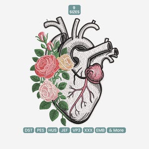 May include: An embroidered design featuring a stylized human heart with roses. The heart is white with black outlines and shading, and the roses are pink, red, and yellow with green leaves. The text "9 SIZES" is at the top.