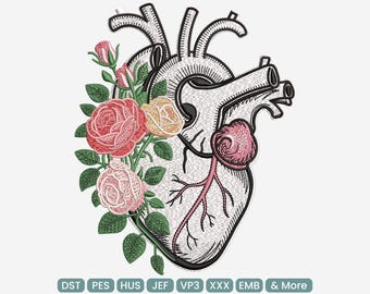 May include: An embroidered design featuring a stylized human heart with roses. The heart is white with black outlines and shading, and the roses are pink, red, and yellow with green leaves. The text "9 SIZES" is at the top.