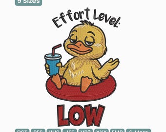 May include: A yellow cartoon duck relaxing in a red inner tube, holding a blue drink with a straw. Text reads "Effort Level: LOW". The image also includes text indicating "9 Sizes" and various embroidery file formats.