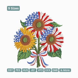 Könnte beinhalten: Ein Blumenstrauß aus Sonnenblumen mit rot, weiß und blau gefärbten Blütenblättern, die an die amerikanische Flagge erinnern. Das Bild enthält den Text "9 Sizes" und verschiedene Stickdateiformate.