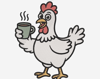 May include: A cartoon chicken with a red comb and wattle, holding a steaming green mug of coffee. The chicken has a surprised expression. The image includes the text "9 SIZES" and file type abbreviations.