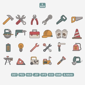 May include: A collection of colorful, illustrated construction tools and equipment icons, including a hammer, wrenches, pliers, saw, drill, toolbox, hard hat, gloves, and more. The text "9 SIZES" is at the top.