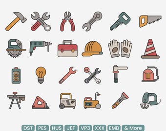 Construction Tools Embroidery Bundle Design, Hammer Wrench Drill Saw Hard Hat Workshop Embroidery Pattern – EXP PES JEF, 9 Sizes