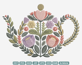 Floral Tea Pot Embroidery Design, Vintage Botanical Kitchen Illustration Machine Embroidery Pattern – DST, PES, JEF, 9 Sizes