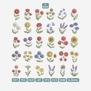 以下が含まれることがあります： カラフルな花の刺繍デザインのコレクション。赤、黄、青、紫の様々な花が描かれており、緑の茎と葉があります。「9 SIZES」の文字が上部にあり、ファイルタイプの略語が下部にあります。
