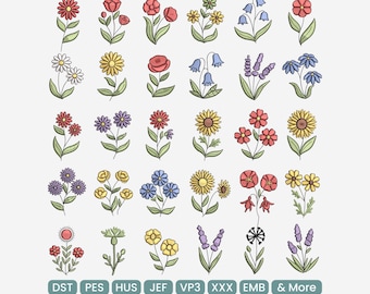 Mini Floral Set Bundle Machine Embroidery Design, Botanical Flower Pattern DST, Boho Stitch Collection PES, 9 Sizes Included