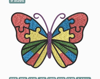 Diseño de bordado de mariposa con rompecabezas sobre autismo, archivo de bordado a máquina con concienciación colorida – DST PES VP3, varios tamaños
