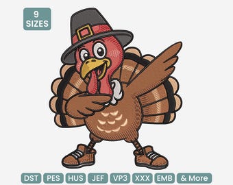 Thanksgiving Turkey Dabbing Embroidery Design – Fall Holiday Machine Embroidery Pattern, DST, PES, JEF & More
