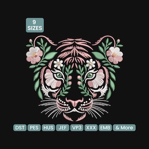 May include: Embroidered tiger face design with floral accents in pink, white, and green on a black background. The design includes the text "9 Sizes" and file type abbreviations.