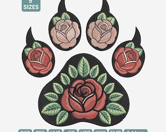Floral Paw Print Machine Embroidery Design, Dog Flower Paw Pattern PES, Pet Lover Embroidery, Boho Animal Decor DST, 9 Sizes Included
