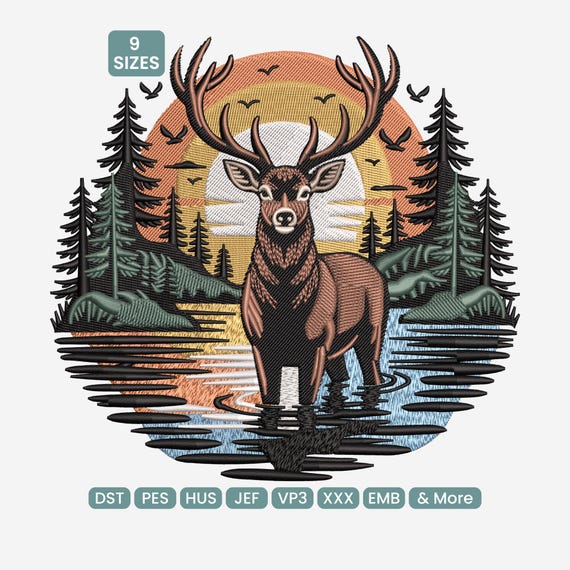Sunset Moose Embroidery Design, Mountain Wildlife Pattern, Nature Adventure Machine Embroidery File DST PES XXX, 9 Sizes