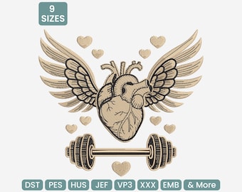 Winged Heart Barbell Embroidery Design, Fitness Angel Heart Pattern, Machine File EXP, VP3 & More, 9 Sizes Included