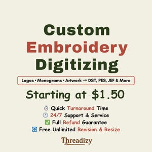 Puede incluir: Gráfico color crema con las palabras "Custom Embroidery Digitizing" en verde y rojo. Incluye texto sobre logotipos, monogramas, ilustraciones y tipos de archivos. Texto adicional indica "A partir de $1.50" y otros detalles del servicio.