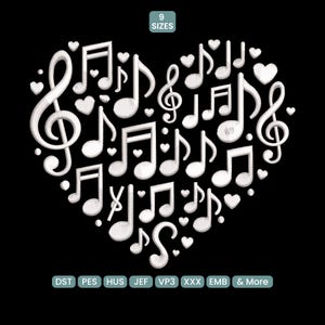Könnte beinhalten: Ein Herz aus weißen Noten und Herzen auf schwarzem Hintergrund. Das Design zeigt Violinschlüssel, Achtelnoten und Viertelnoten. Der Text "9 SIZES" steht oben und "DST PES HUS JEF VP3 XXX EMB & More" unten.