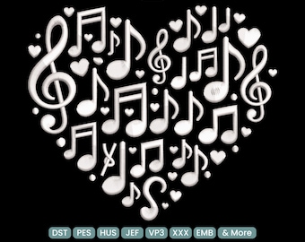 Music Notes Heart Love Embroidery Design, Romantic Music Valentine Embroidery Pattern – DST, PES 9 Sizes