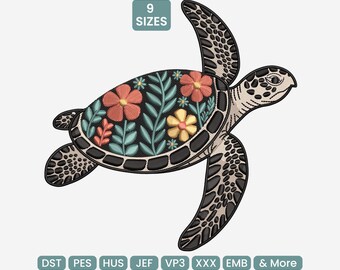 May include: An embroidered sea turtle design with a floral pattern on its shell. The turtle features a black and tan color scheme with red, yellow, and green flowers. The image includes the text "9 SIZES" and file type abbreviations.