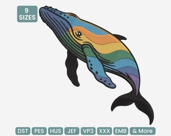 Motif de broderie baleine arc-en-ciel - Motif de broderie machine animal océan, 9 tailles incluses, DST, PES et plus