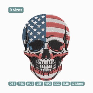 May include: Embroidered skull design featuring the American flag. The skull's left side displays the blue field with white stars, while the right side shows red and white stripes. The design includes the text "9 Sizes" and various file format abbreviations.