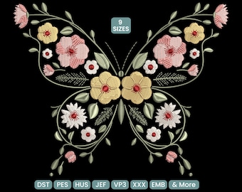 Floral Butterfly Embroidery Design, Colorful Garden Pattern PES, Boho Nature Machine Embroidery DST, 9 Sizes Included