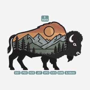 May include: Black bison silhouette with a landscape design. The design features a sunset, mountains, and trees. The text "9 SIZES" is above the bison, and embroidery file formats are listed below.