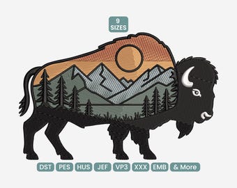 Mountain Bison Embroidery Design, Western Sunset Pattern DST, Rustic Wildlife Machine  Embroidery PES, 9 Sizes Included