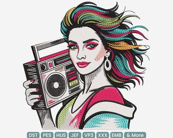 Retro Music Girl Embroidery Design, Colorful Boombox Vintage Style Machine Embroidery File– DST, PES XXX, 9 Sizes