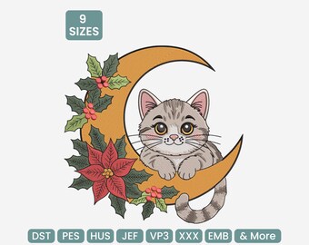 Cute Cat Floral Embroidery Design, Animal Embroidery Machine File, kitten Embroidery Design 9 Sizes, DST, PES & More