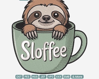 スロフィーナマケモノ刺繍デザイン、コーヒーナマケモノ柄、面白い動物愛好家向け機械刺繍PES DST JEF、9サイズ