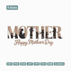 Broderidesign med blommig mors dag-text, maskinbroderifil – DST PES JEF, 9 storlekar