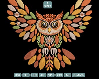 Boho Owl Machine Embroidery Design, Tribal Bird Pattern PES, Vintage Forest Embroidery DST, 9 Sizes Included