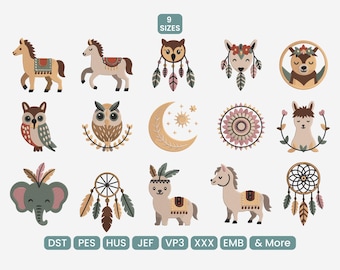 Boho Woodland Animal & Dreamcatcher Embroidery Bundle, Llama Horse Owl Moon Mandala Embroidery Design Set, PES VP3 JEF, 9 Sizes