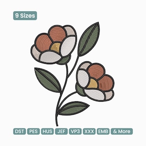 May include: An embroidered floral design featuring two stylized flowers with orange, white, and yellow petals, green leaves, and a black stem. The image includes the text "9 Sizes" and file type abbreviations.
