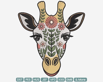 Diseño de bordado floral de jirafa, patrón de bordado a máquina con retrato botánico de animal – DST, PES, JEF, 9 tamaños