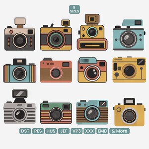 May include: Nine colourful, retro-style camera illustrations are displayed. Each camera has a unique colour scheme, including shades of brown, yellow, blue, and green. The designs feature a variety of flash styles and lens details. The image also includes text indicating sizes and file formats.