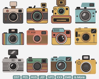 Vintage Camera Embroidery Machine File Bundle, Retro Film Cameras Appliqué Embroidery Design, Photographer Gift Icons – PES JEF EXP, 9 Sizes