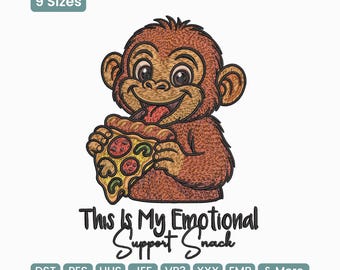 May include: A brown cartoon monkey happily eating a slice of pizza. The monkey has a big smile and its tongue is sticking out. Text reads "This Is My Emotional Support Snack". The image also includes the text "9 Sizes" and file type abbreviations.
