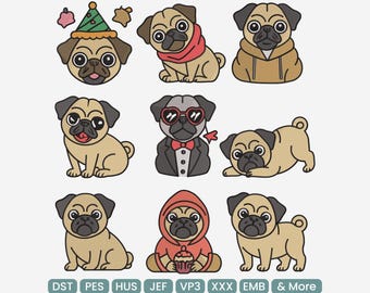Pug Dog Embroidery Bundle, Kawaii Mini Dog Set with Hoodie, Bowtie & Party Hat, Cartoon Puppy Machine Embroidery DST PES HUS, 9 Sizes