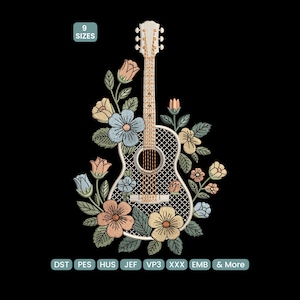 May include: An embroidered guitar design with floral accents in pastel colors, including blue, peach, and yellow, set against a black background. The design includes the text "9 SIZES" and embroidery file format options.